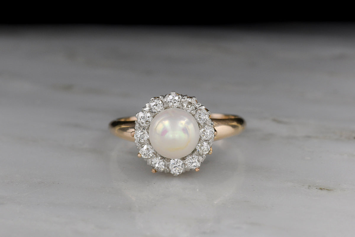 c. Early 1900s Old European Cut Diamond Cluster Ring with a GIA Natural Pearl