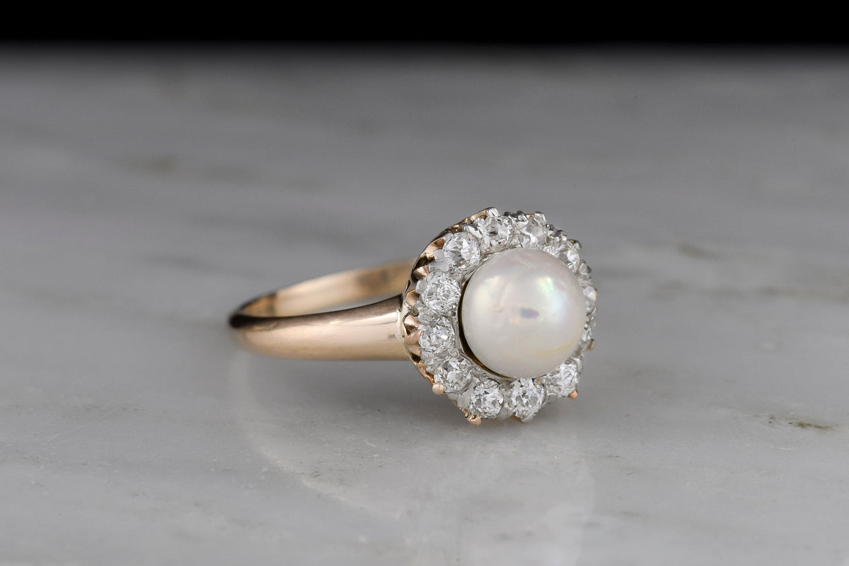 c. Early 1900s Old European Cut Diamond Cluster Ring with a GIA Natural Pearl