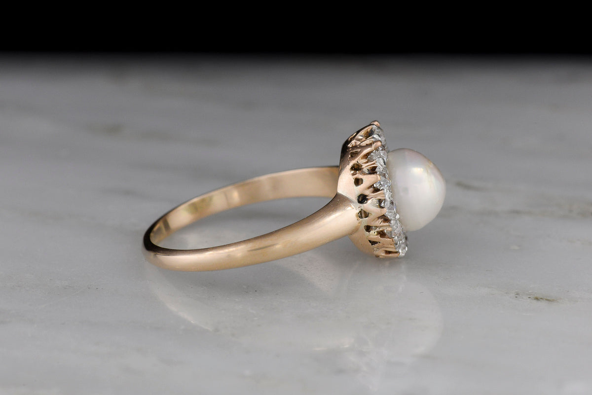 c. Early 1900s Old European Cut Diamond Cluster Ring with a GIA Natural Pearl