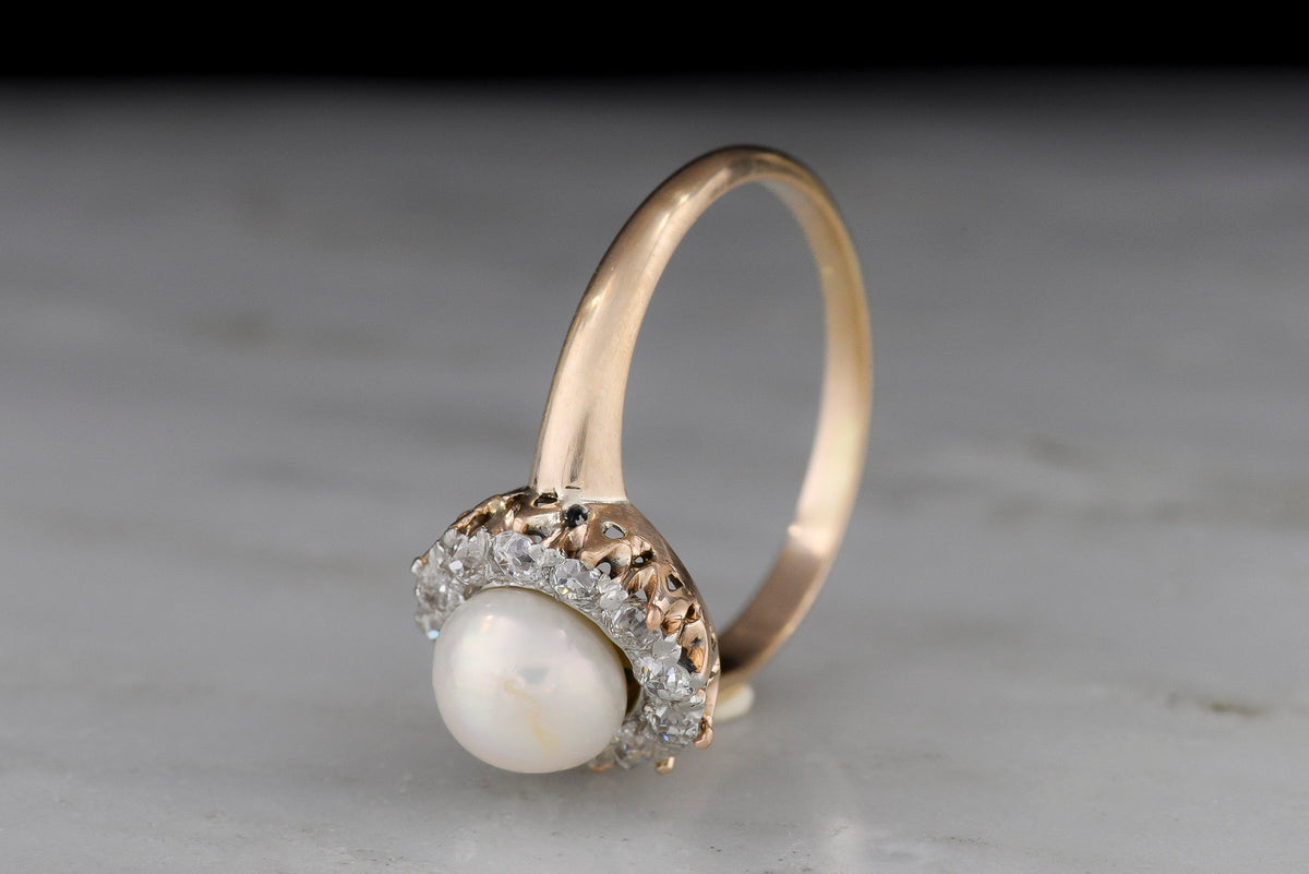 c. Early 1900s Old European Cut Diamond Cluster Ring with a GIA Natural Pearl