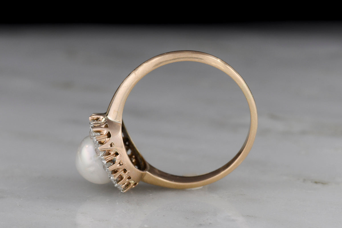 c. Early 1900s Old European Cut Diamond Cluster Ring with a GIA Natural Pearl