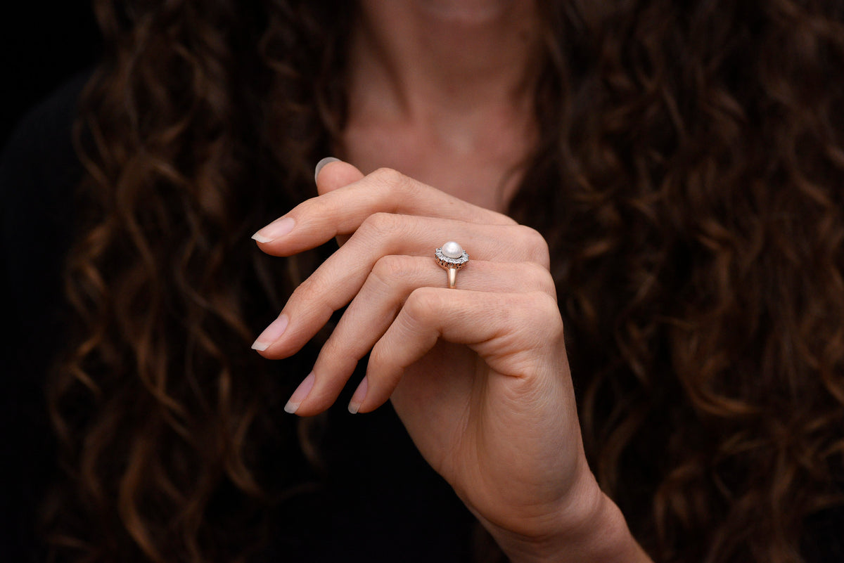 c. Early 1900s Old European Cut Diamond Cluster Ring with a GIA Natural Pearl