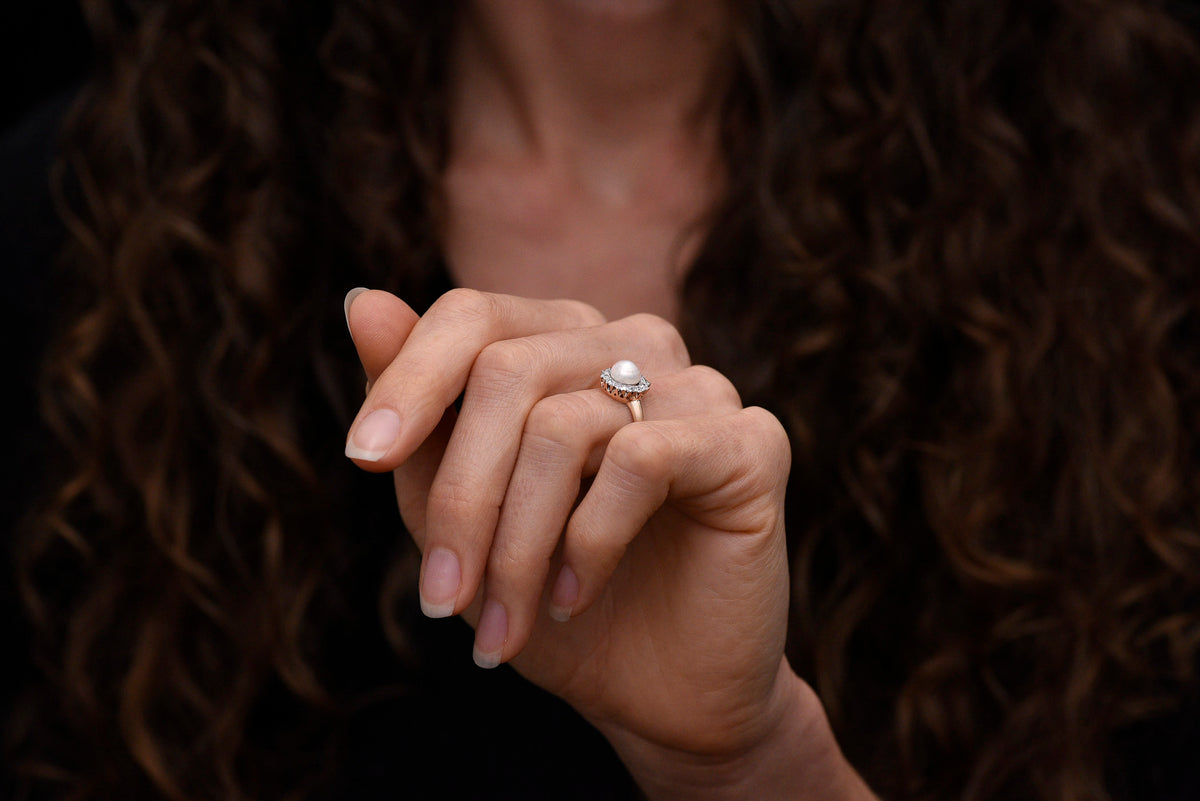 c. Early 1900s Old European Cut Diamond Cluster Ring with a GIA Natural Pearl