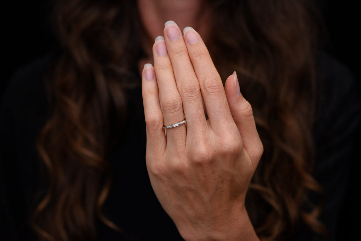 c. 1950s Midcentury White Gold Band with Baguette Cut Diamonds