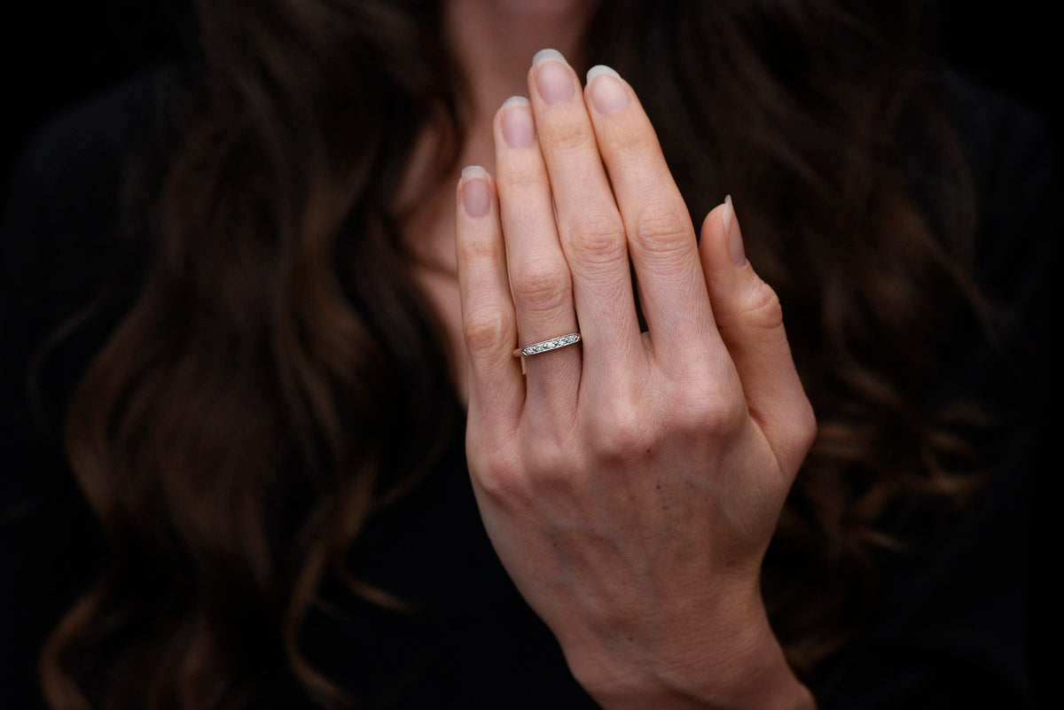 Mid-Century Five-Stone Single Cut Diamond Wedding or Stacking Band in White Gold