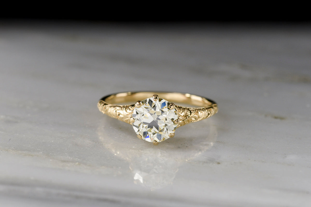 Antique Early 1900s Post-Victorian Six-Prong Solitaire Engagement Ring with Ornate Engraving