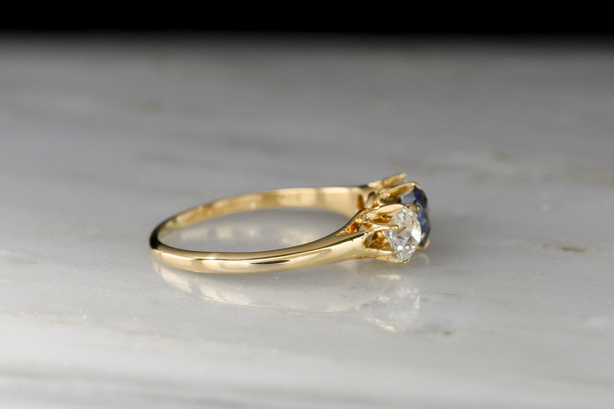 c. Early 1900s Old European Cut Diamond and Sapphire Three-Stone Ring