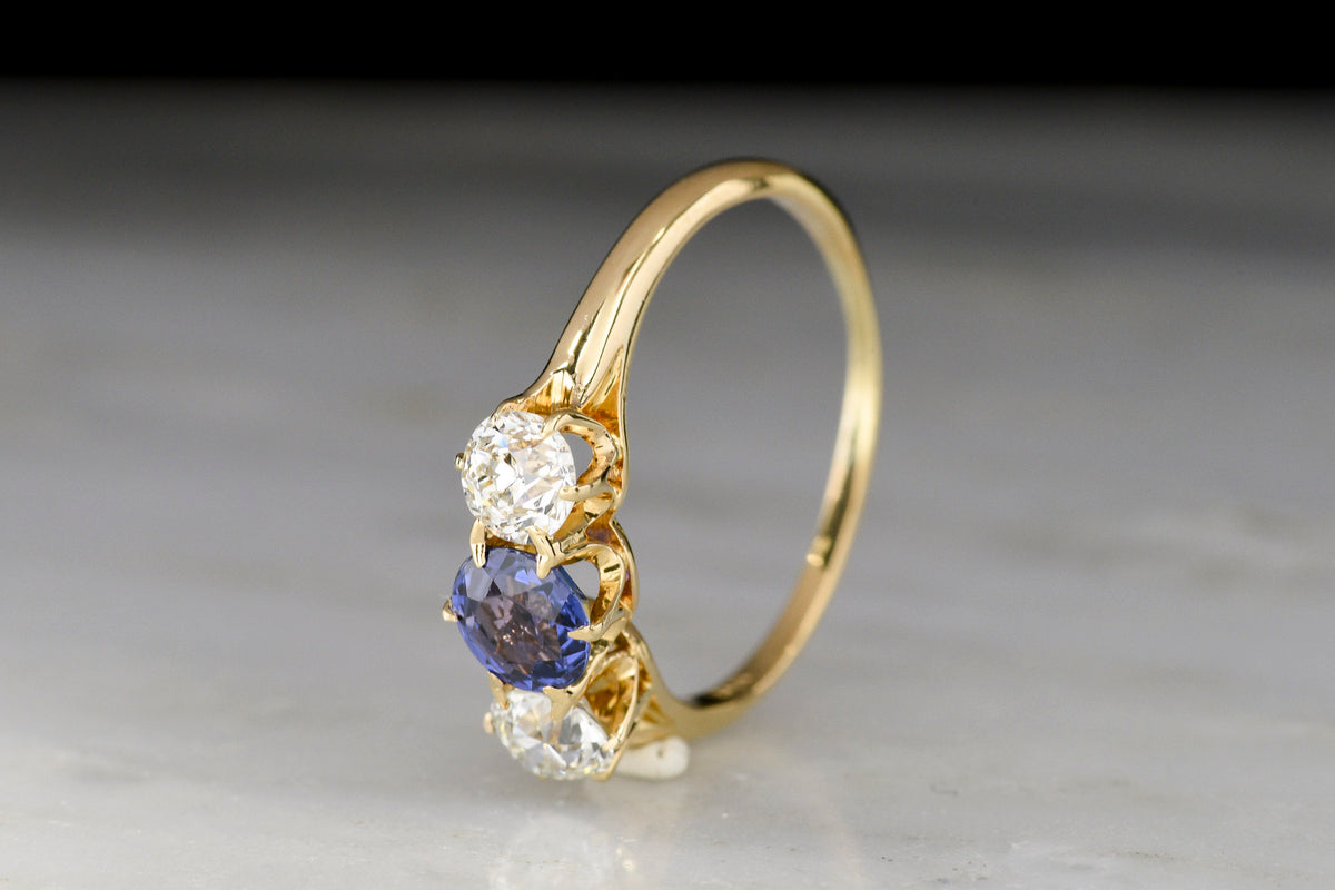 c. Early 1900s Old European Cut Diamond and Sapphire Three-Stone Ring