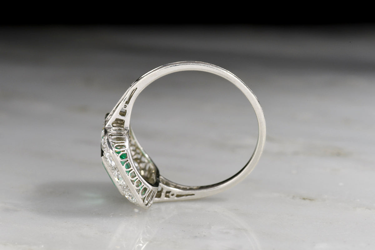 Early Art Deco Colombian Emerald and Diamond Ring with Tulip Shoulders