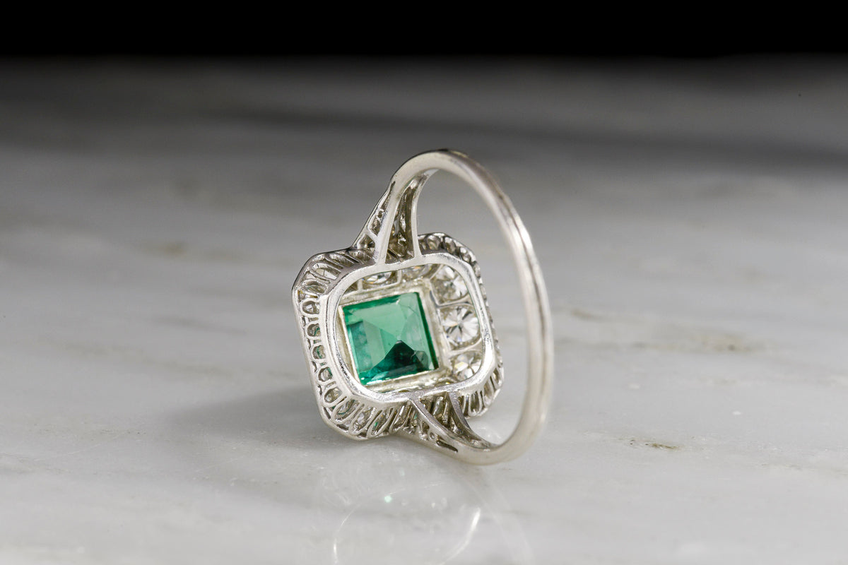 Early Art Deco Colombian Emerald and Diamond Ring with Tulip Shoulders