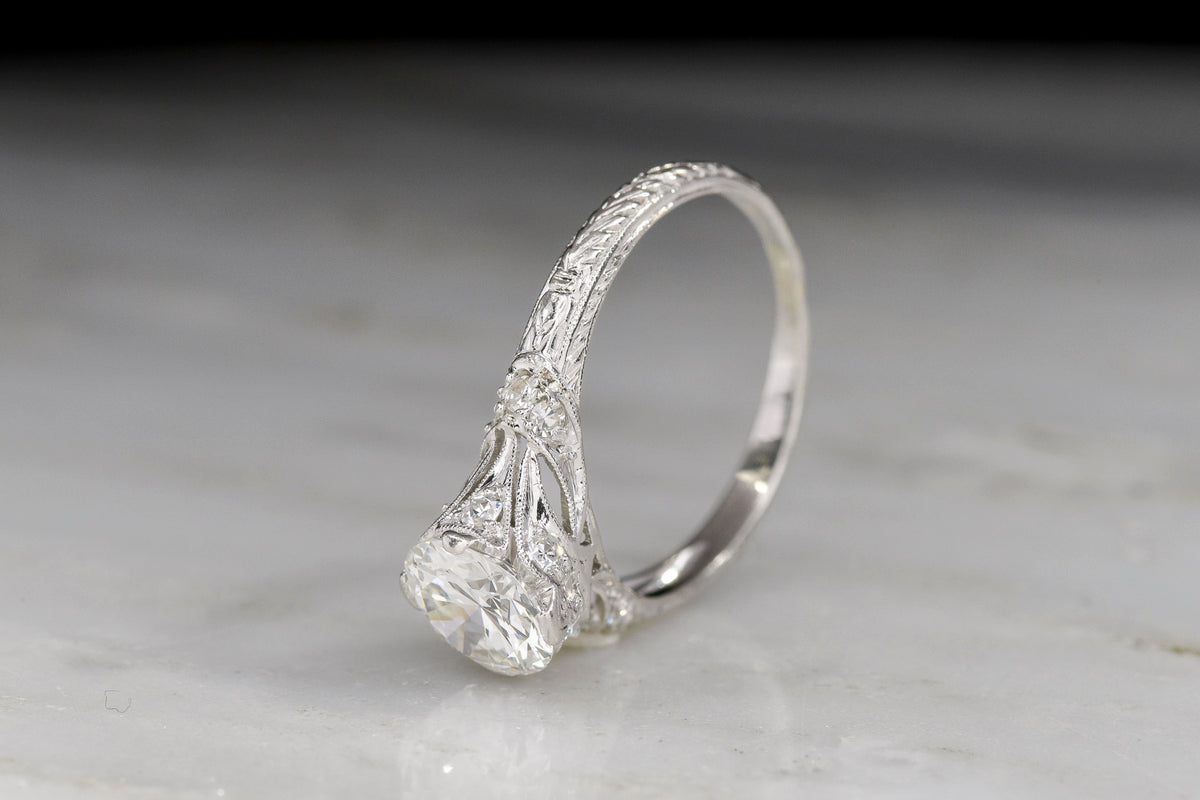 Classic c. 1910s Edwardian Platinum Engagement Ring with Ornate Open Metalwork