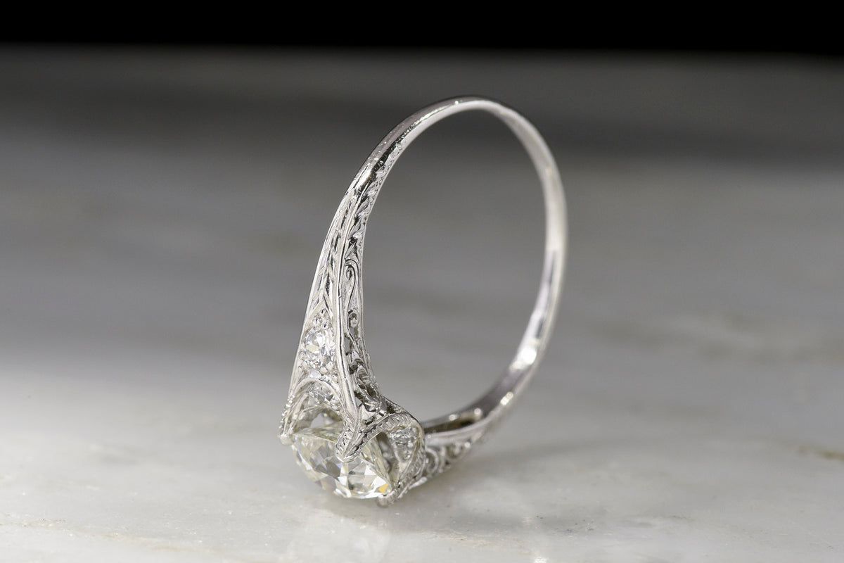 Edwardian 1.09 Carat Old Mine Cut Diamond Engagement Ring with Intricate Metalwork