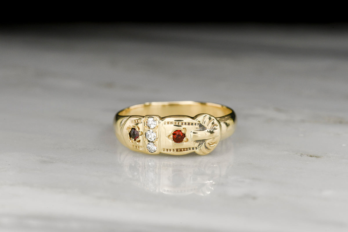 Victorian-Era Belt and Buckle Ring in Gold with Diamonds and Garnets