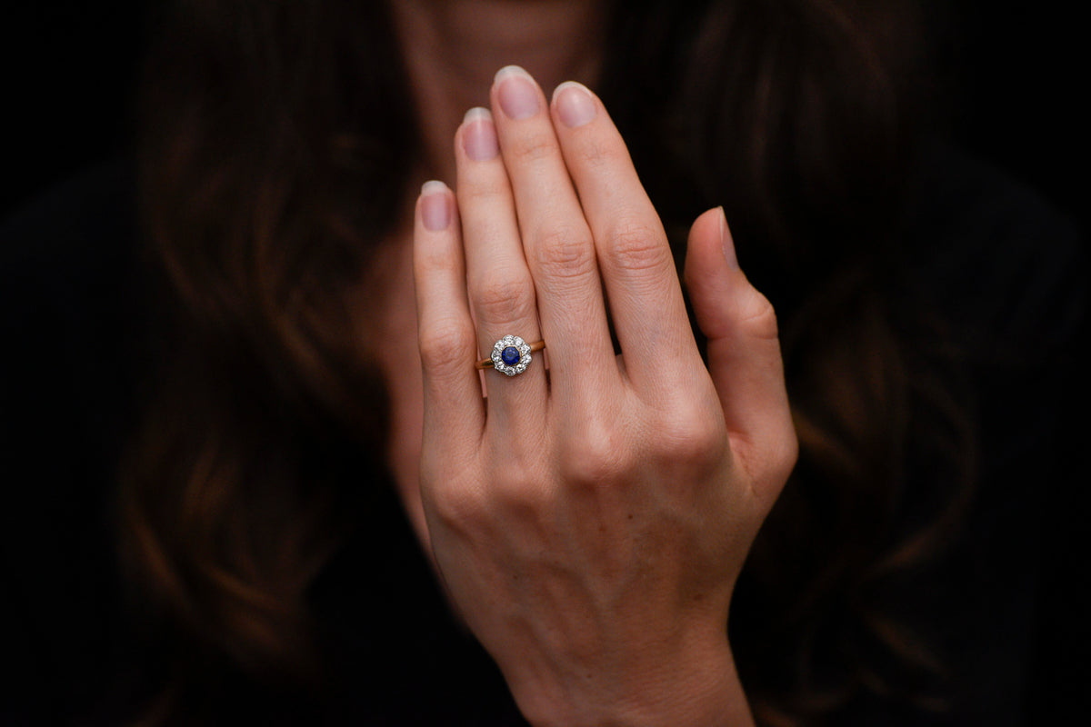 Deep Blue Sapphire and Diamond Cluster Ring in 18K Gold and Platinum