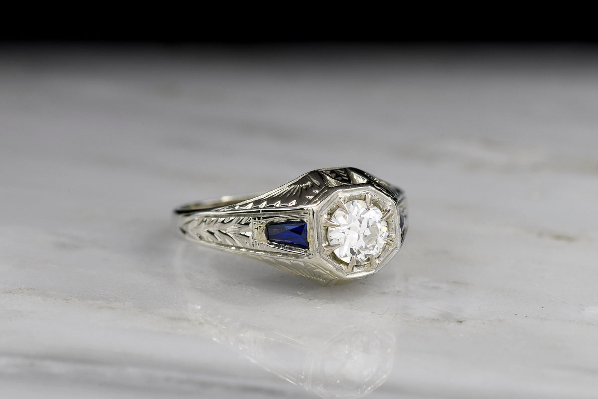 c. 1920s Art Deco Diamond and Sapphire Ring with Engraved Foliate Patterns