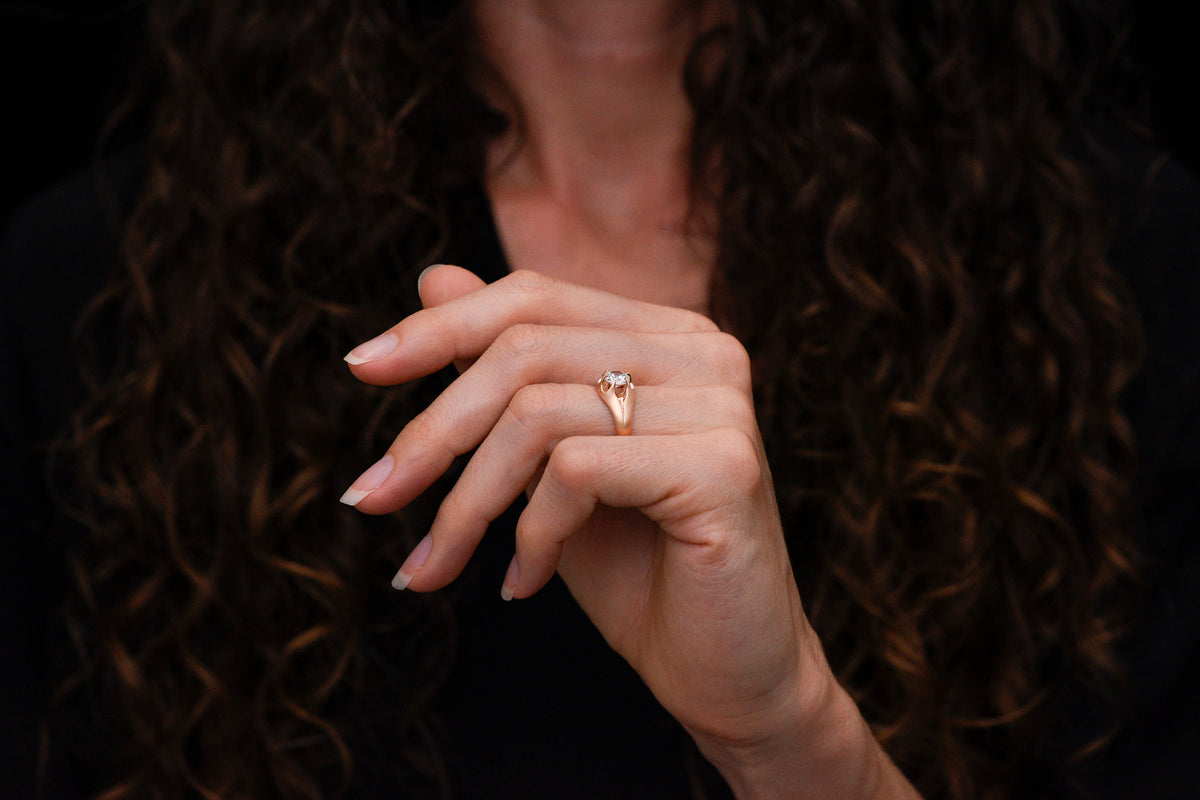 Men&#39;s or Women&#39;s Unique Six-Prong Belcher Ring with a Transitional Cut Diamond