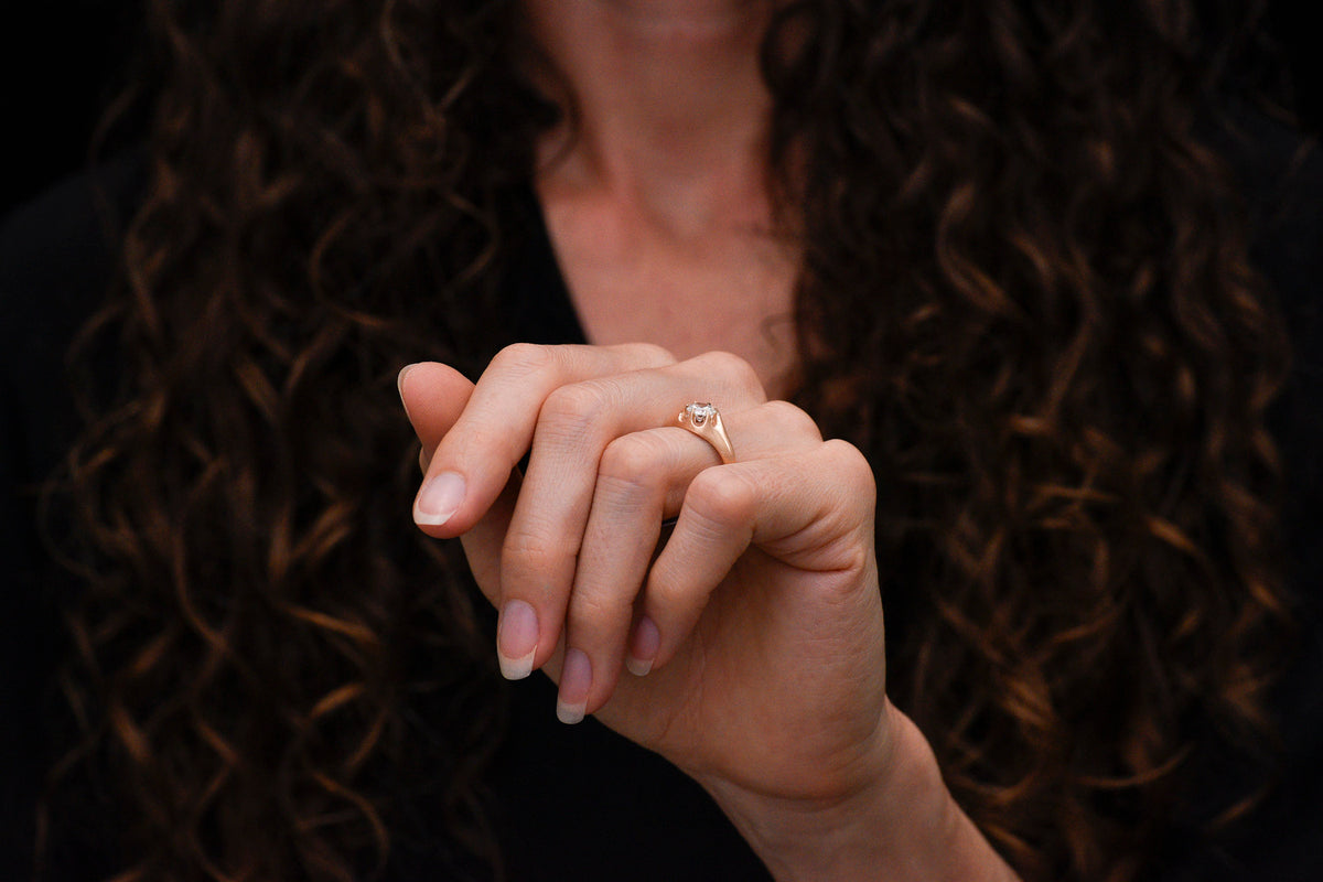 Men&#39;s or Women&#39;s Unique Six-Prong Belcher Ring with a Transitional Cut Diamond