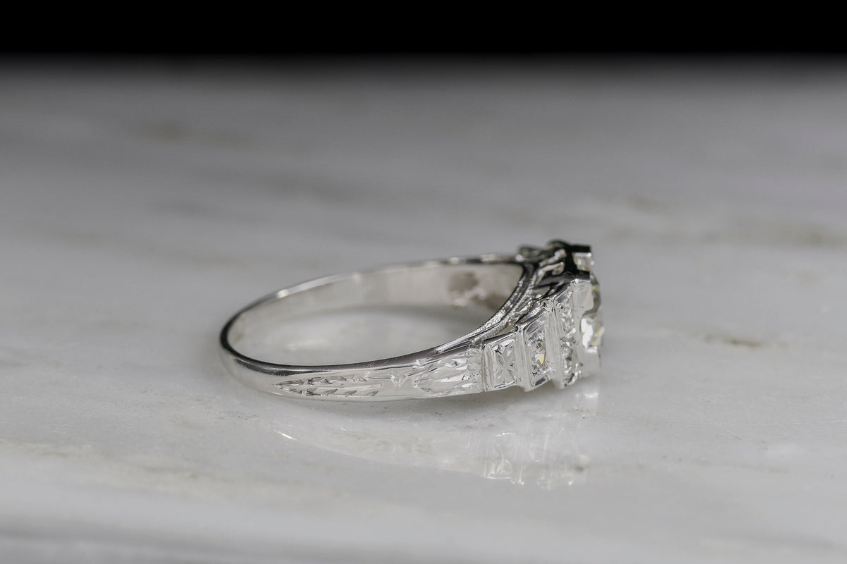 c. 1930s Art Deco White Gold &quot;Step&quot; Ring with a Late Old Euro/Early Transitional Diamond