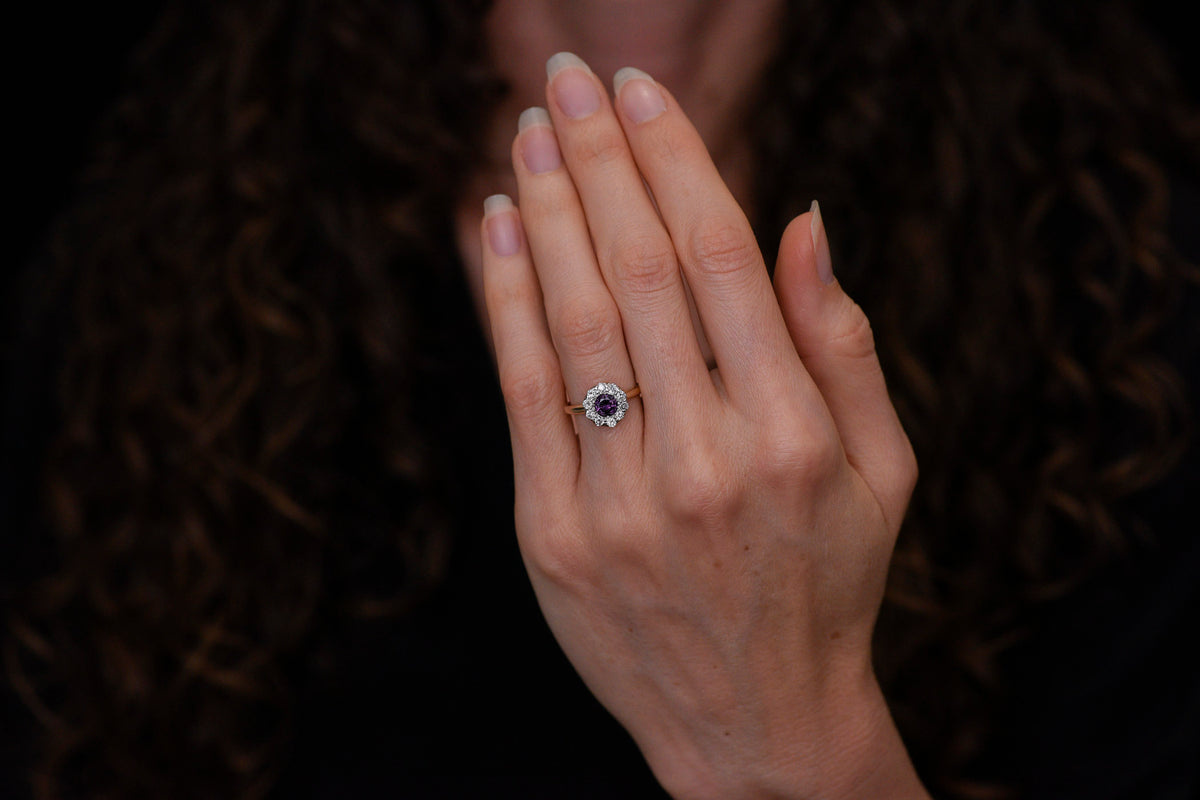 c. Early 1900s Two-Tone Cluster Ring with a Purple Spinel and Diamonds