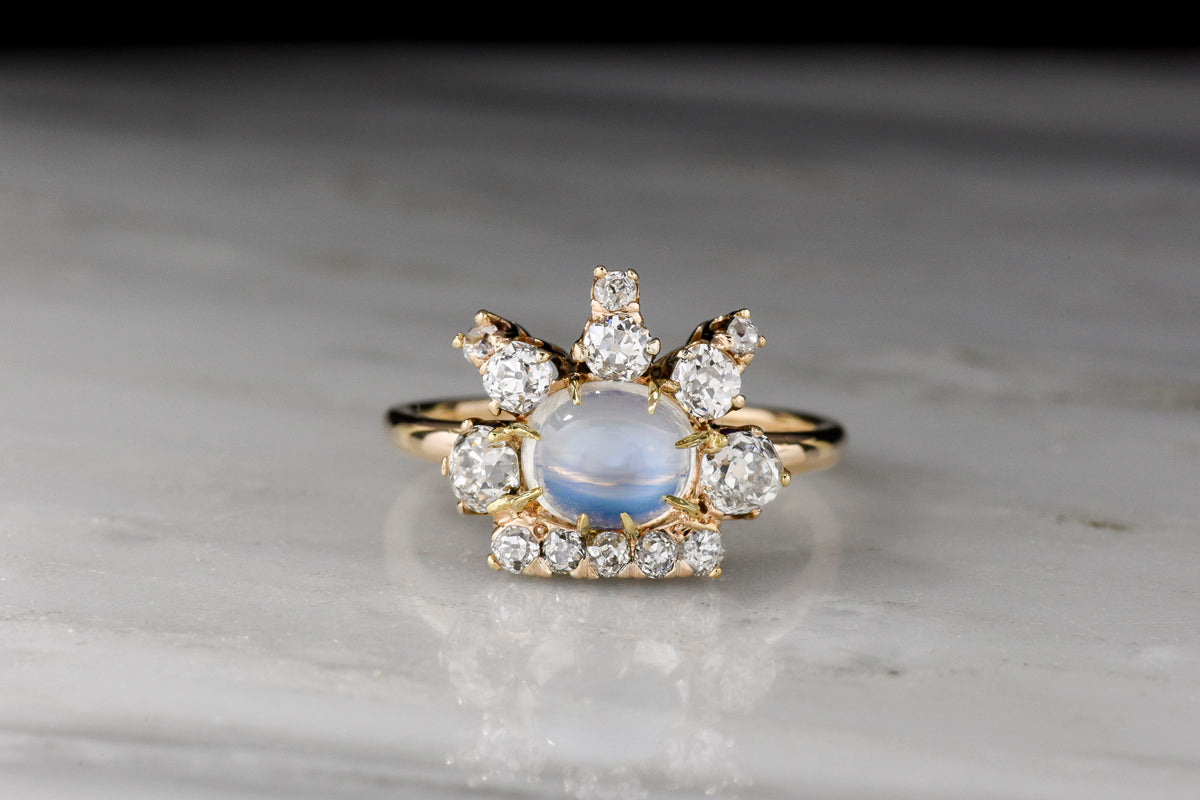 Victorian &quot;Queen of the Night&quot; Right-Hand Ring with a Moonstone Center and Old Mine Cut Diamonds in the Crown