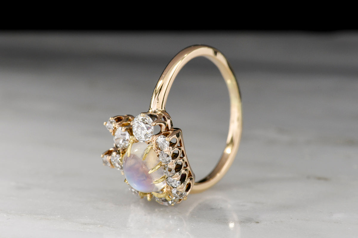 Victorian &quot;Queen of the Night&quot; Right-Hand Ring with a Moonstone Center and Old Mine Cut Diamonds in the Crown