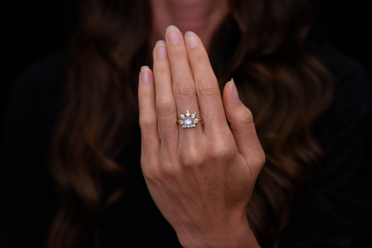 Victorian &quot;Queen of the Night&quot; Right-Hand Ring with a Moonstone Center and Old Mine Cut Diamonds in the Crown