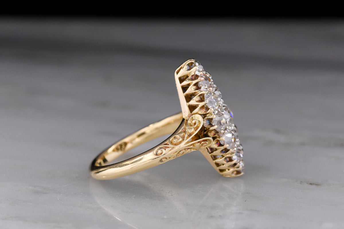 c. Mid-Late 1800s Victorian Navette Ring with an Engraved Split Knife-Edge Shank