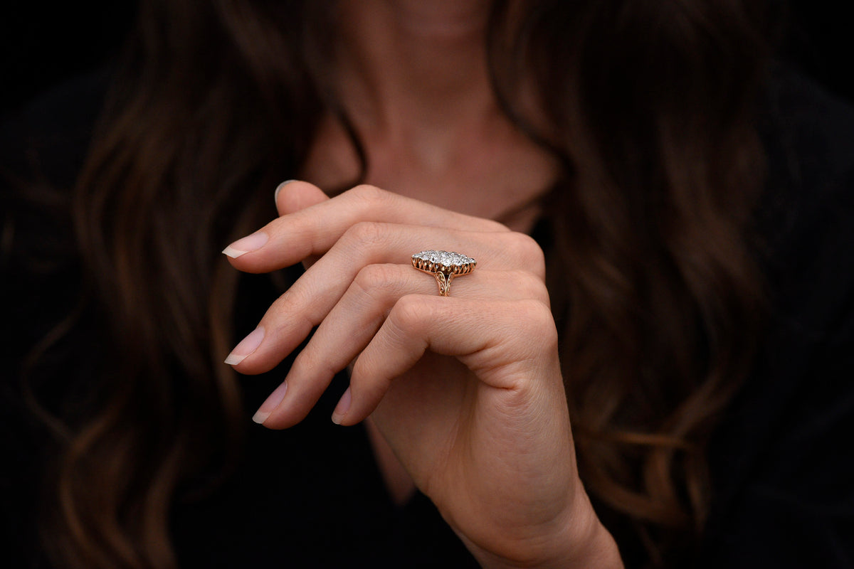 c. Mid-Late 1800s Victorian Navette Ring with an Engraved Split Knife-Edge Shank