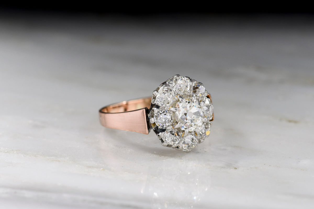 c. Late 1800s Old Mine Cut Diamond Cluster Ring in 18K Red Gold &amp; Platinum w/French Hallmarks