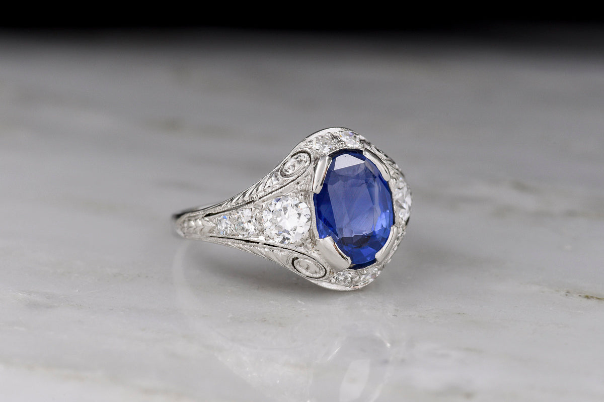 Oval Sapphire and Diamond Art Deco Engagement or Dinner Ring with Platinum Scrollwork