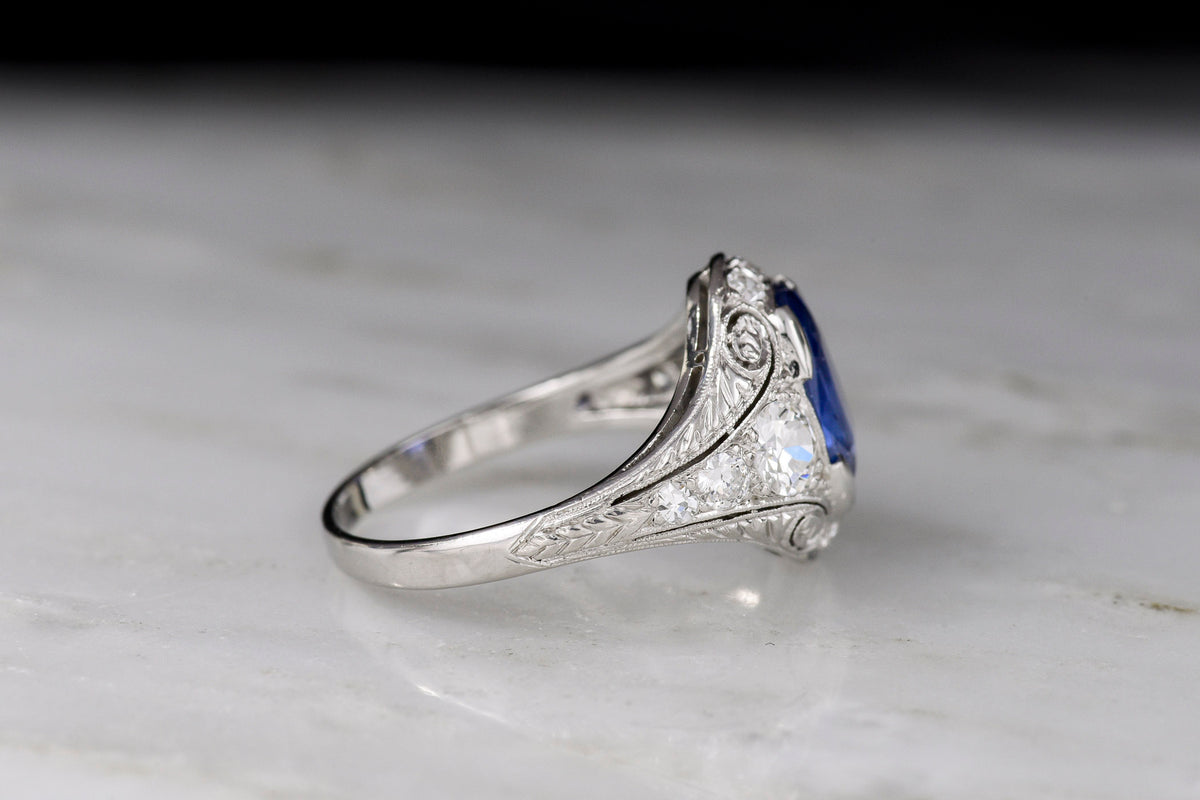 Oval Sapphire and Diamond Art Deco Engagement or Dinner Ring with Platinum Scrollwork