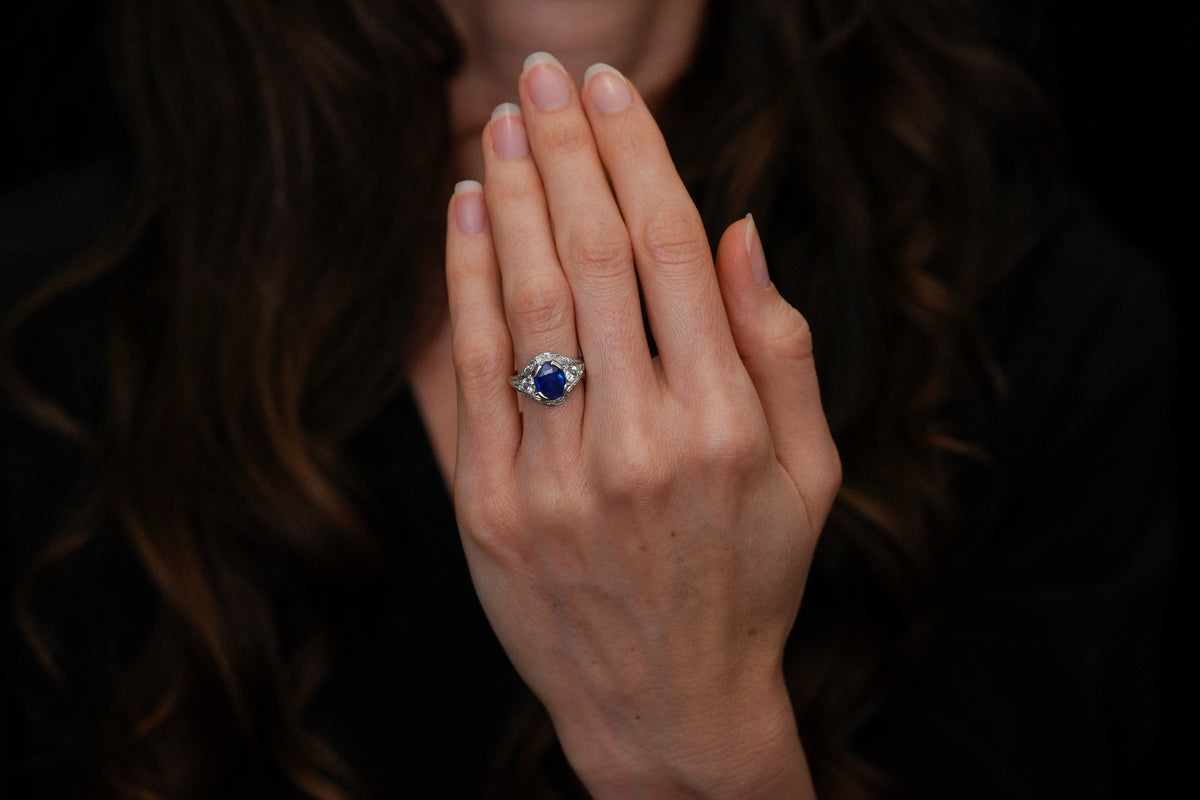 Oval Sapphire and Diamond Art Deco Engagement or Dinner Ring with Platinum Scrollwork