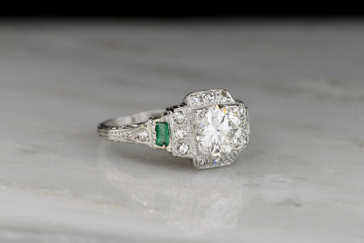 Art Deco Engagement Ring with Stepwise Graduation, Balustrade Gallery, and Emerald Accents