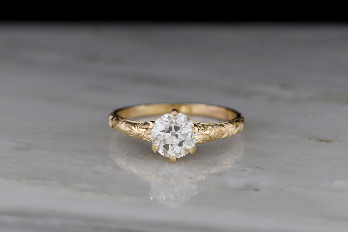 Late/Post-Victorian Classic Gold Solitaire Engagement Ring with Scroll Engraving