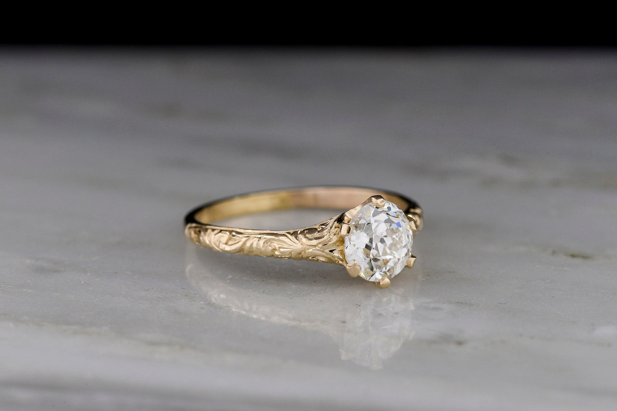 Late/Post-Victorian Classic Gold Solitaire Engagement Ring with Scroll Engraving