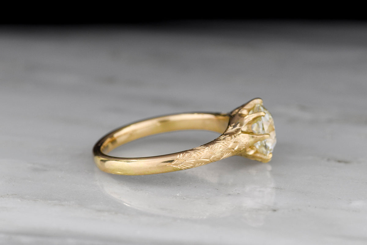 c. Early 1900s Gold 8-Prong Solitaire with an Early Art Deco Palm / Fan Engraving Pattern