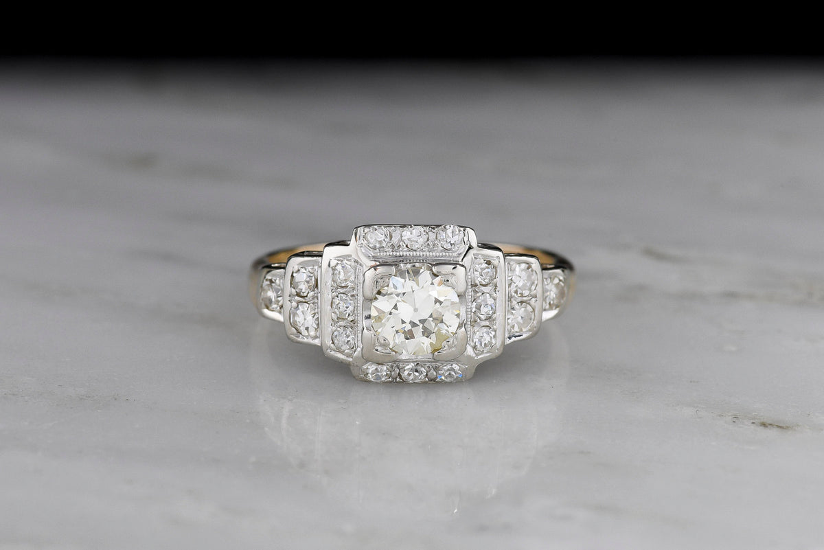 Art Deco Two-Tone Yellow and White Gold Engagement Ring with Graduated Stepped Shoulders