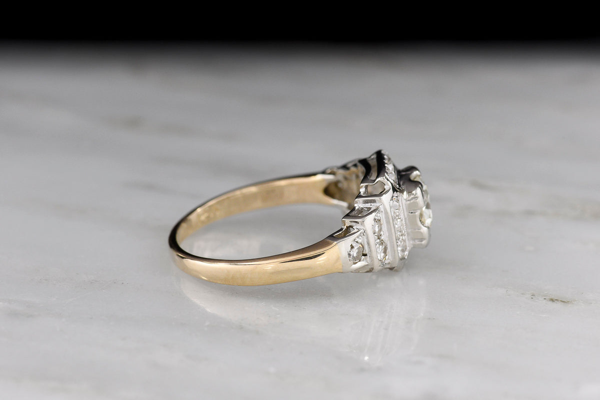 Art Deco Two-Tone Yellow and White Gold Engagement Ring with Graduated Stepped Shoulders