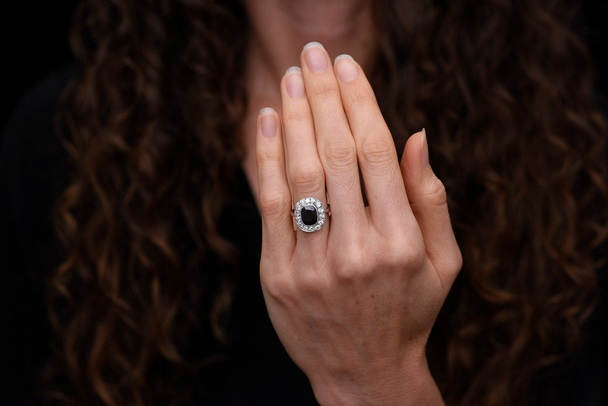 French Early Art Deco Platinum Sapphire and Diamond Cluster Ring with Hand-Pierced Metalwork