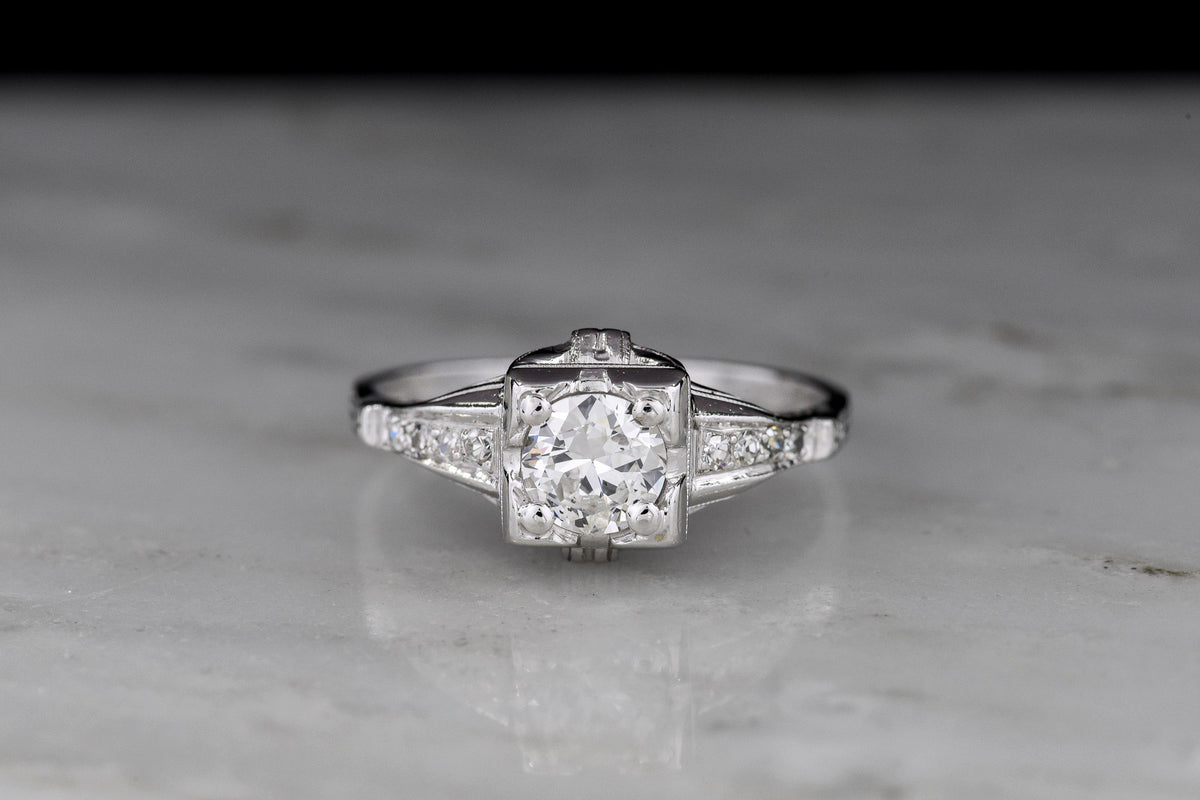 c. Late 1930s Art Deco Engagement Ring with a Transitional Cut Diamond Center