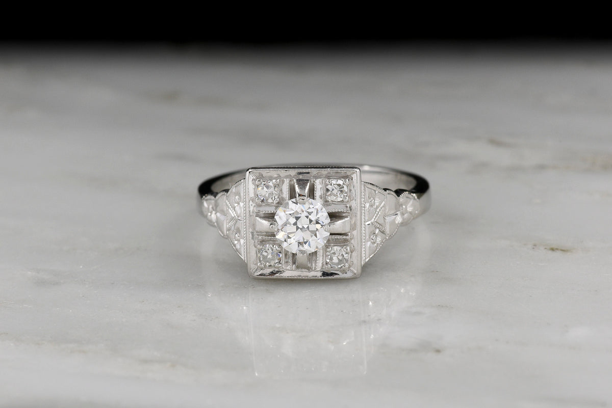 c. 1920s Art Deco Engagement Ring with Geometric Floral and Foliate Engravings
