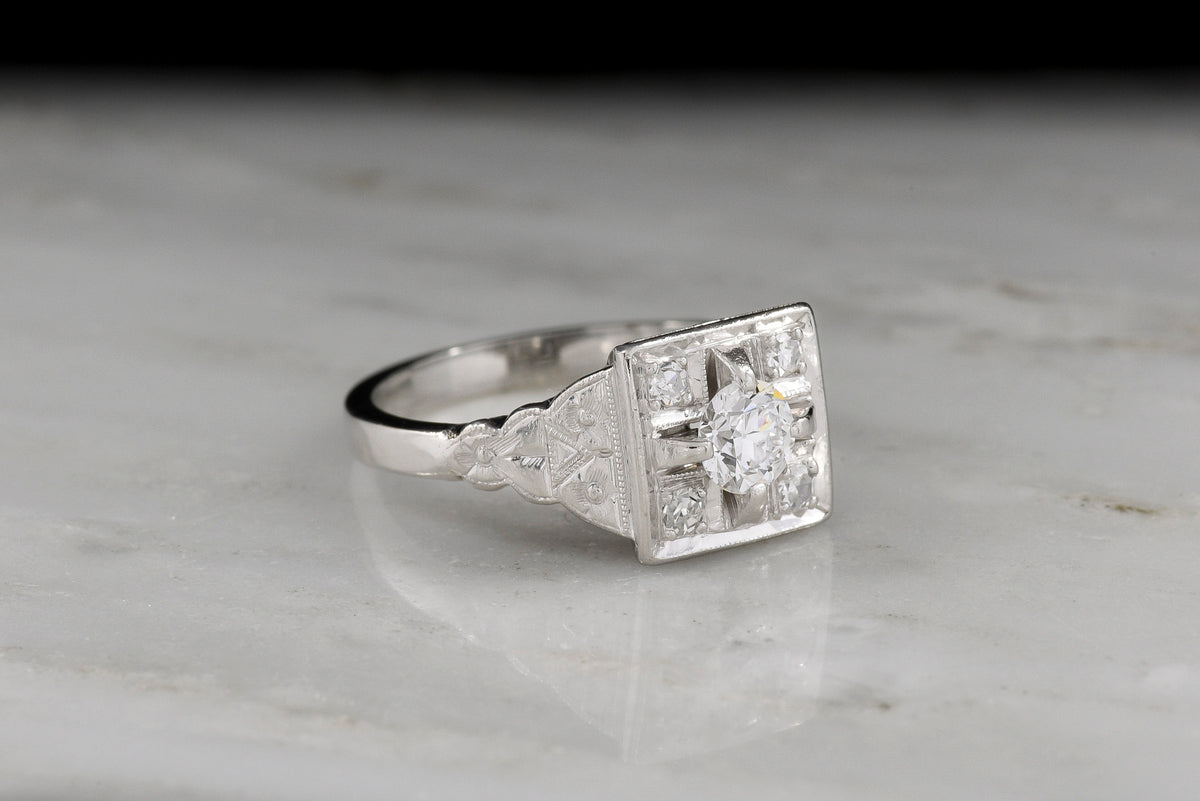 c. 1920s Art Deco Engagement Ring with Geometric Floral and Foliate Engravings