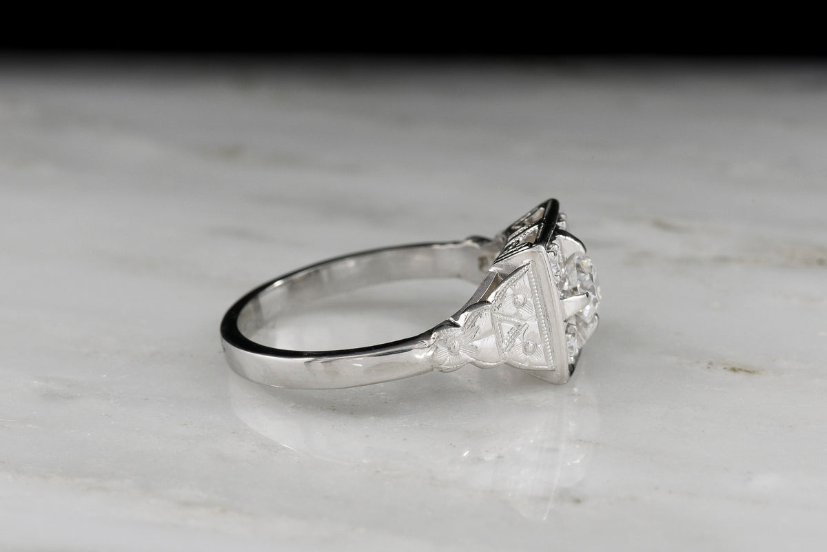 c. 1920s Art Deco Engagement Ring with Geometric Floral and Foliate Engravings