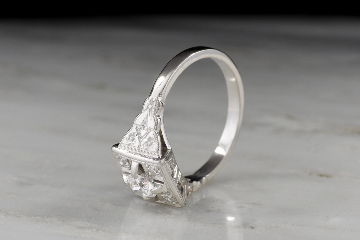 c. 1920s Art Deco Engagement Ring with Geometric Floral and Foliate Engravings