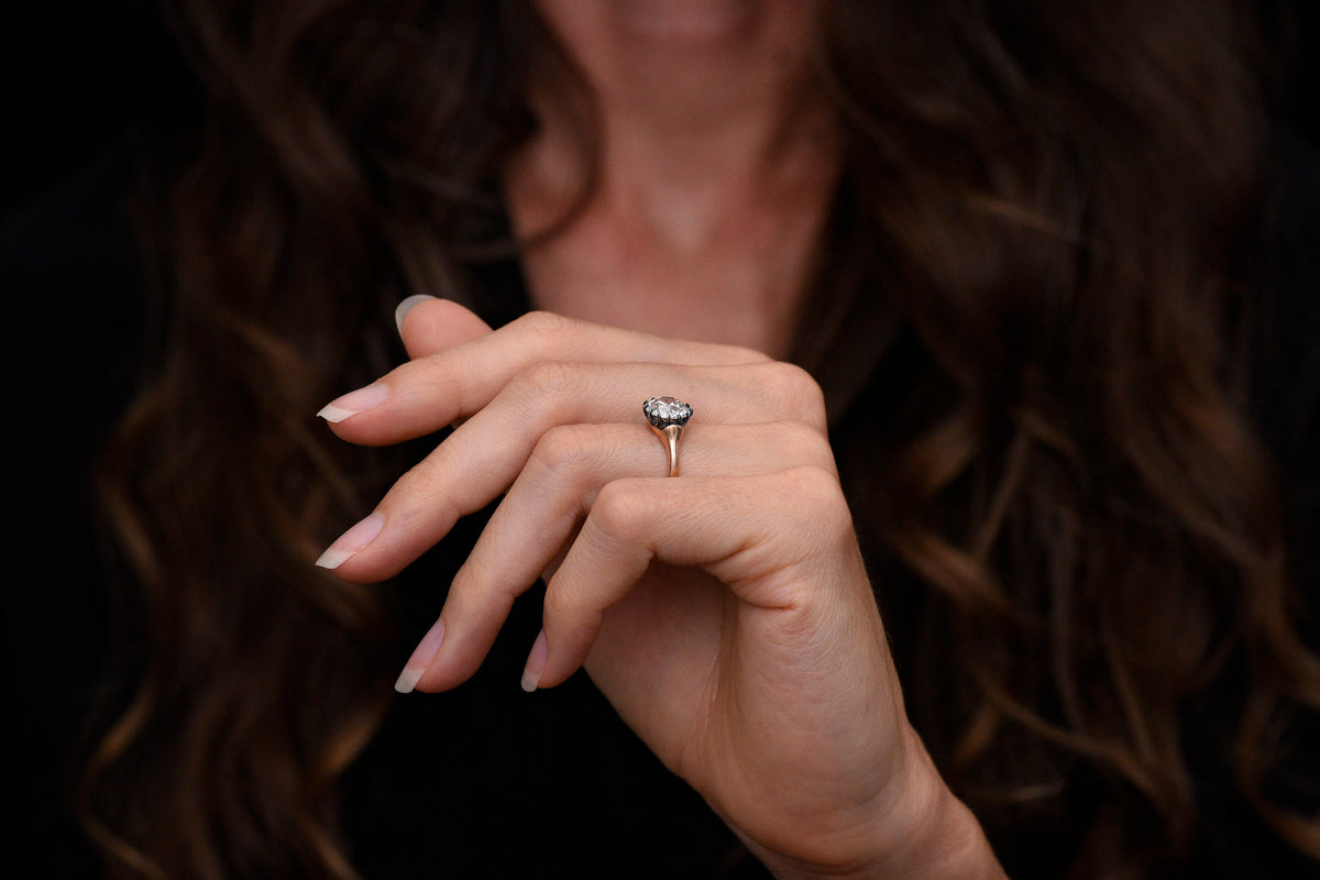 P&amp;P Original: Mid-Late Victorian Style Gold and Silver Solitaire with Shrugged Shoulders and a Patinated 12-Prong Basket