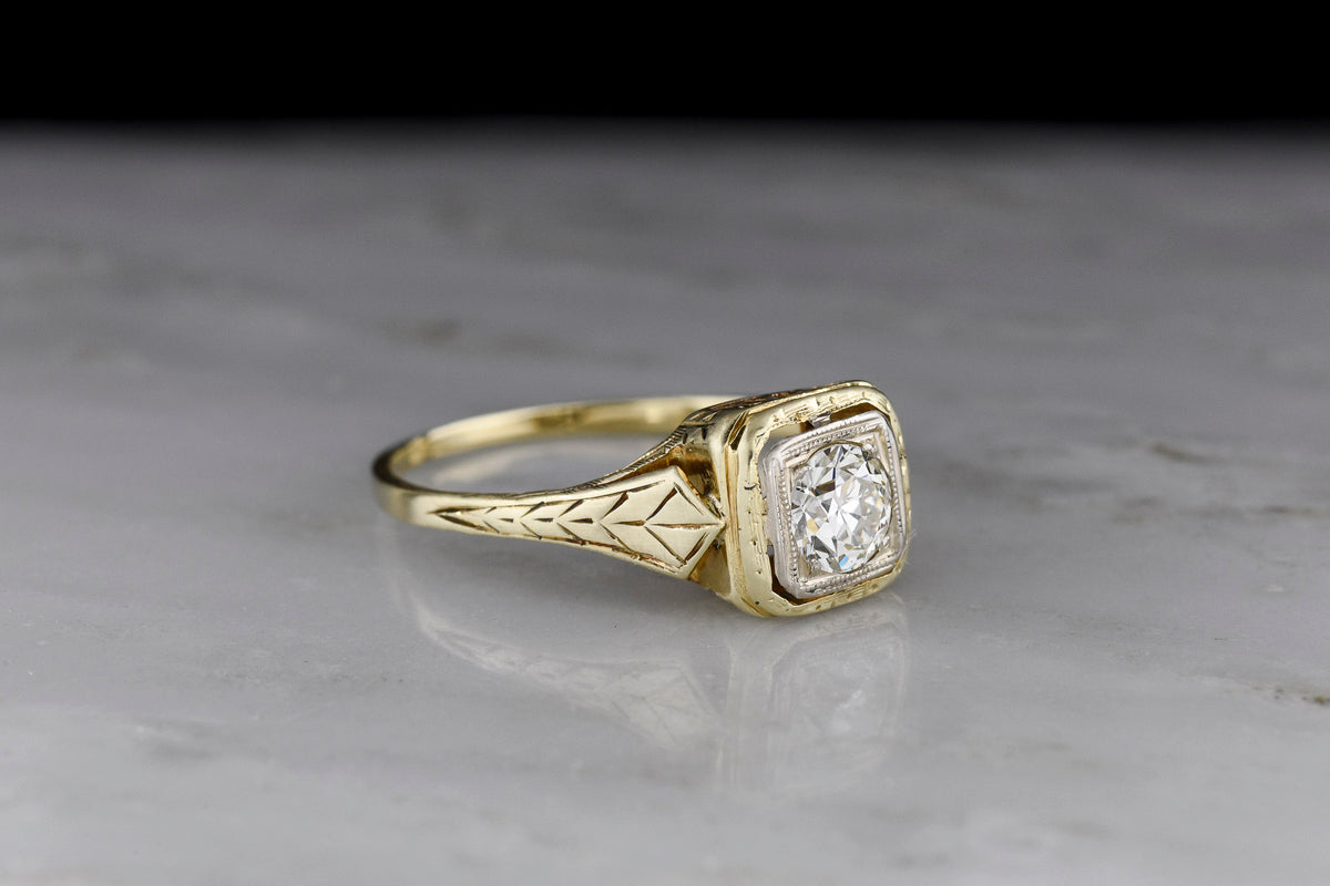 Antique / Vintage c. 1920s - 1940s Post-Victorian / Retro Engagement Ring in Yellow and White Gold