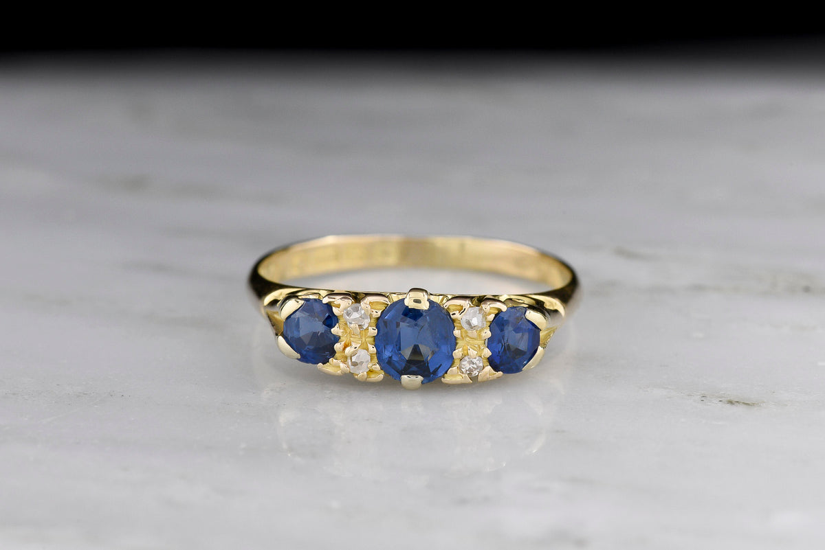 Fully-Hallmarked British (Chester, England) Gold, Sapphire, and Diamond Half-Hoop Ring