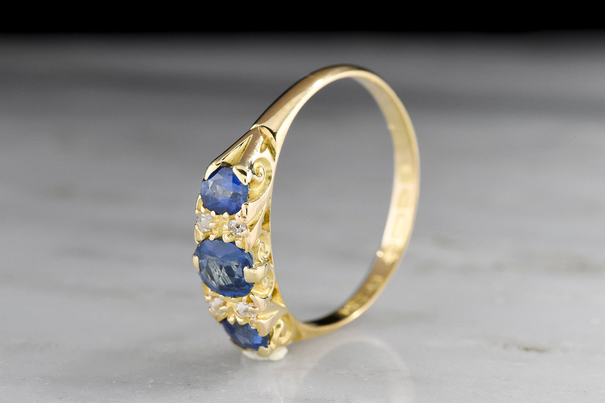 Fully-Hallmarked British (Chester, England) Gold, Sapphire, and Diamond Half-Hoop Ring