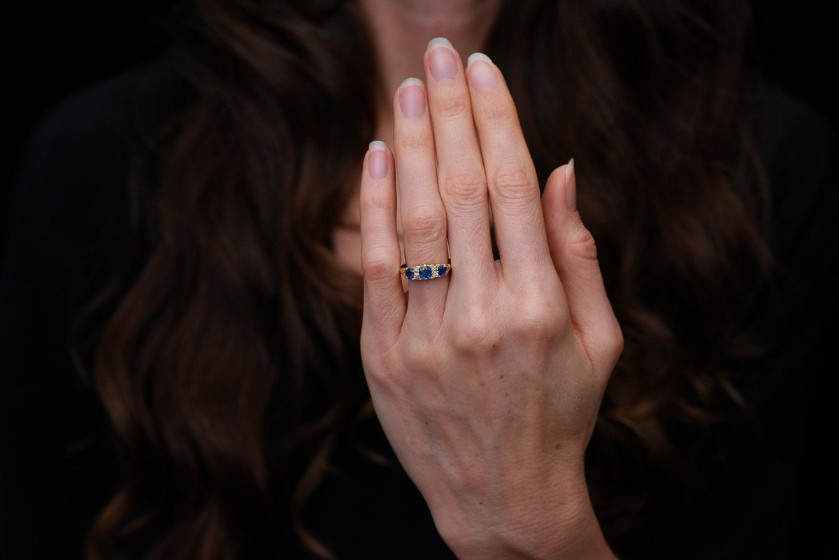 Fully-Hallmarked British (Chester, England) Gold, Sapphire, and Diamond Half-Hoop Ring