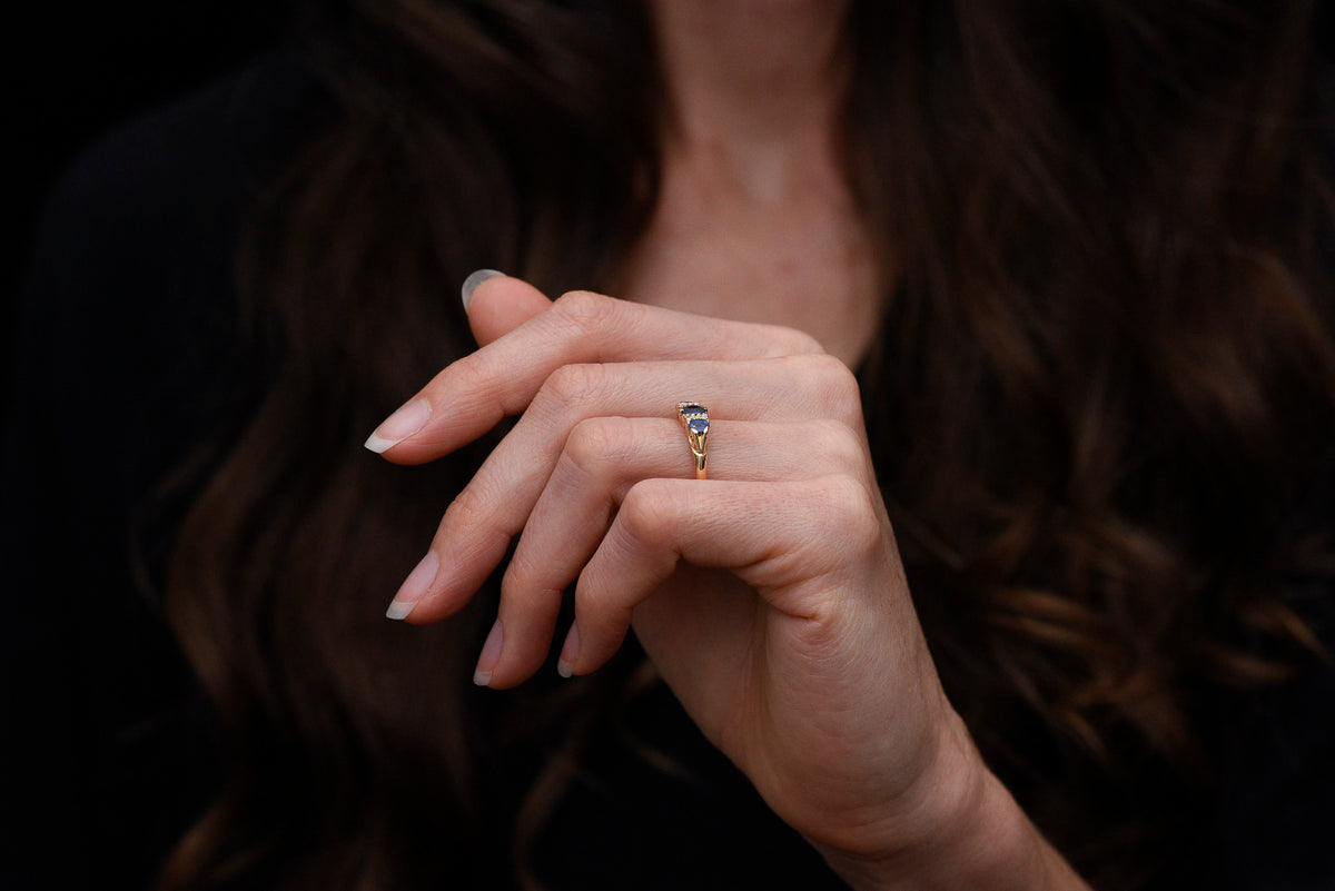 Fully-Hallmarked British (Chester, England) Gold, Sapphire, and Diamond Half-Hoop Ring